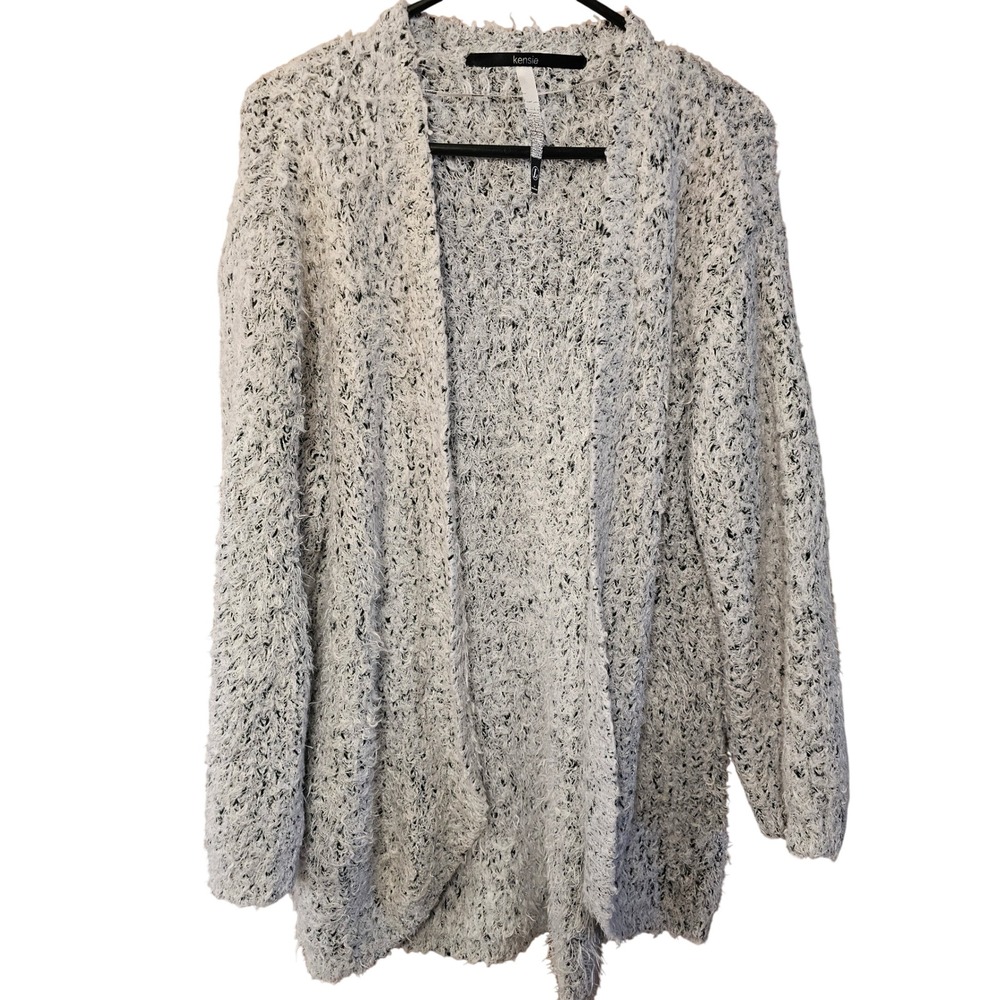 Kensie Womens Grey White Eyelash Knit Open Front Cardigan Sweater Large 216379